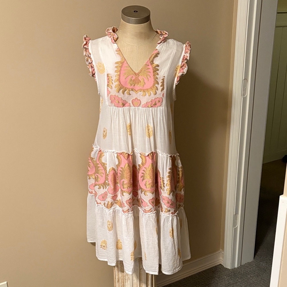 Pink and White Ruffled Mini Dress